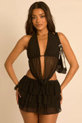 Black Mesh Plunge Top and Mini Skirt Frill Co-ord Set UK | Sexy Party Outfit | Free UK Delivery | U139