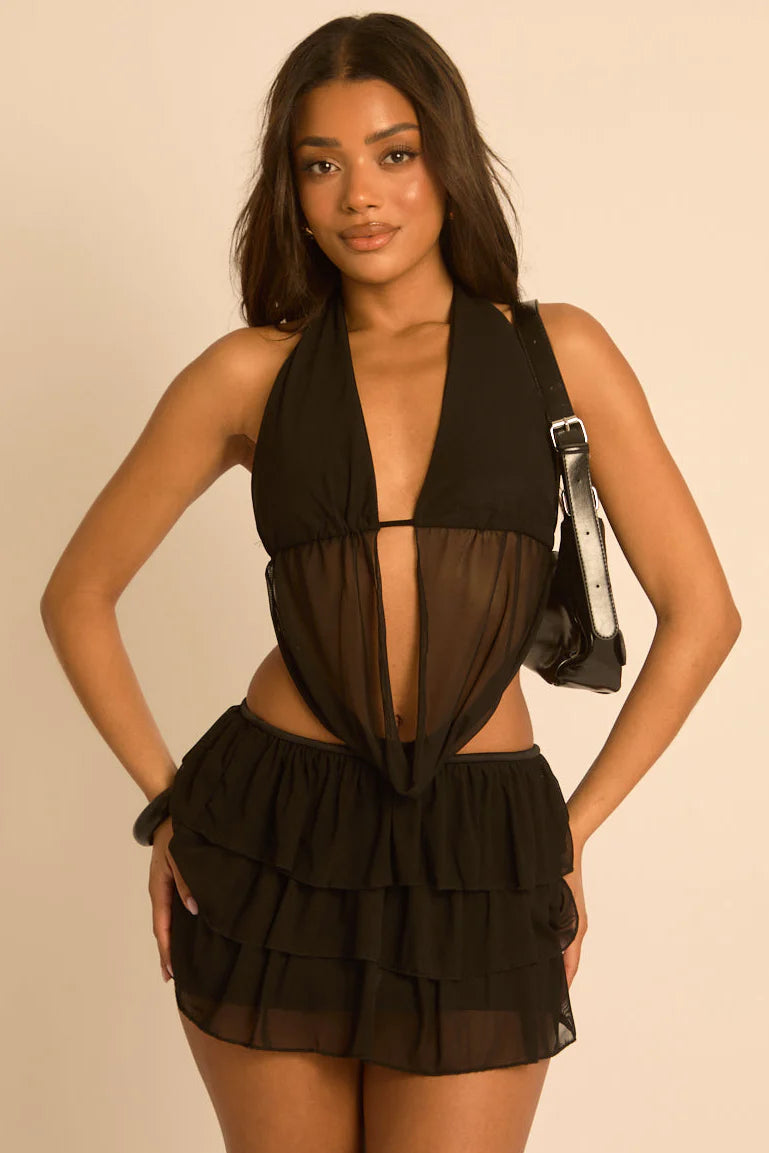 Black Mesh Plunge Top and Mini Skirt Frill Co-ord Set UK | Sexy Party Outfit | Free UK Delivery | U139
