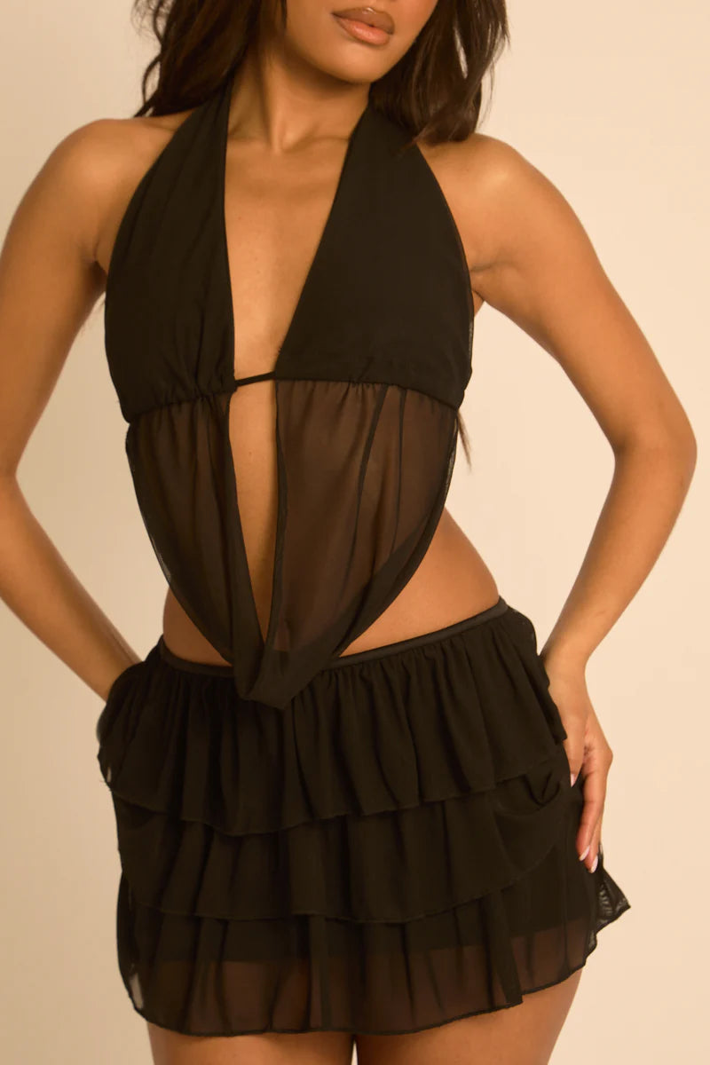 Black Mesh Plunge Top and Mini Skirt Frill Co-ord Set UK | Sexy Party Outfit | Free UK Delivery | U139