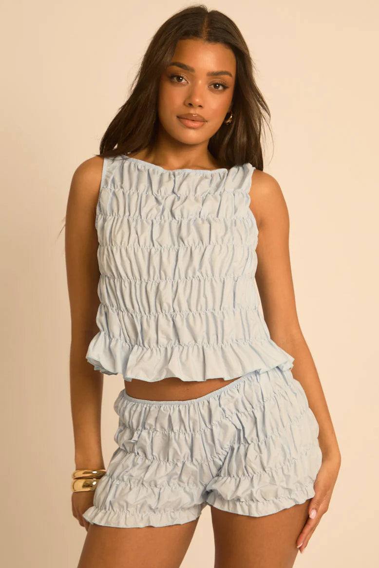 Blue Shirred Top and Shorts Co-ord UK | Cute Summer Co-ord Set | Free UK Delivery | U127