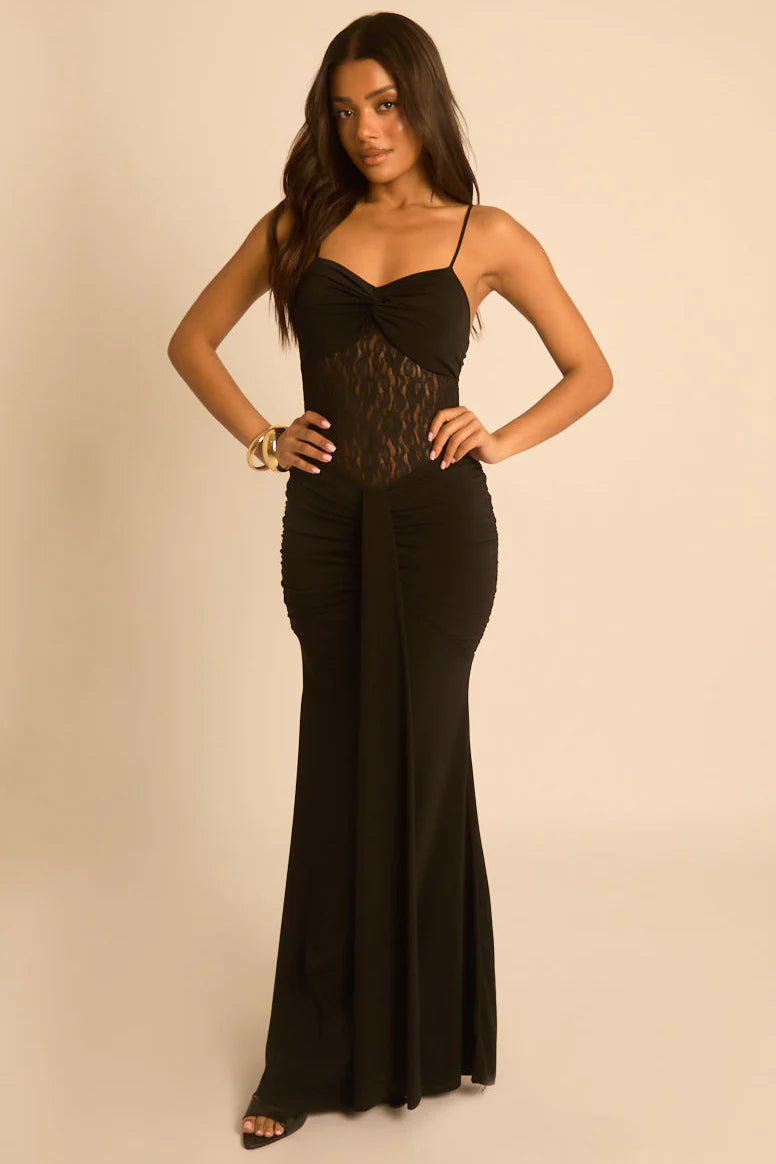Black & Pink Lace Insert Gathered Maxi Dress UK | Elegant Evening Dress | Free UK Delivery | U119