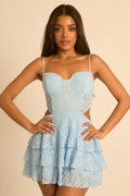 White / Blue Lace Cut Out Frill Playsuit UK | Cute Summer Party Outfit | Free UK Delivery | U156