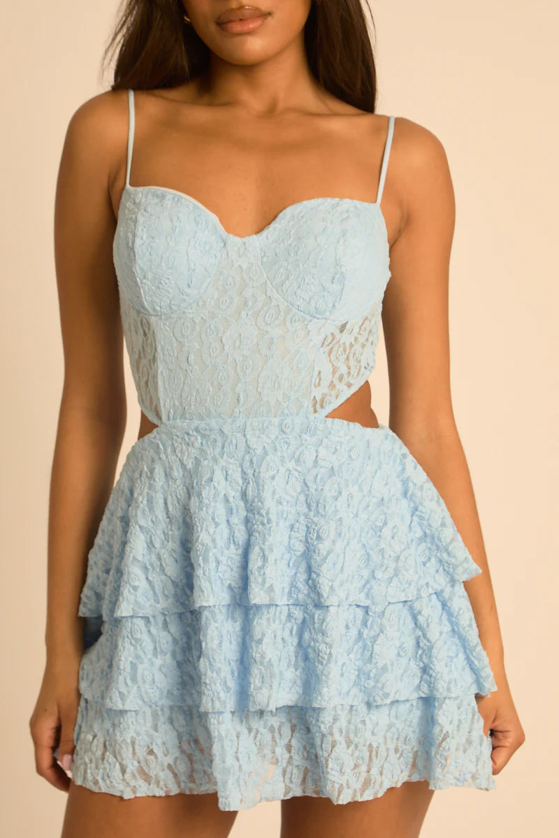 White / Blue Lace Cut Out Frill Playsuit UK | Cute Summer Party Outfit | Free UK Delivery | U156