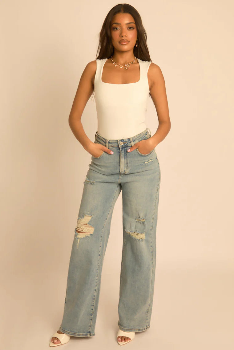 Blue & White Square Neck Basic Bodysuit UK | Everyday Essential Top | Free UK Delivery | U126