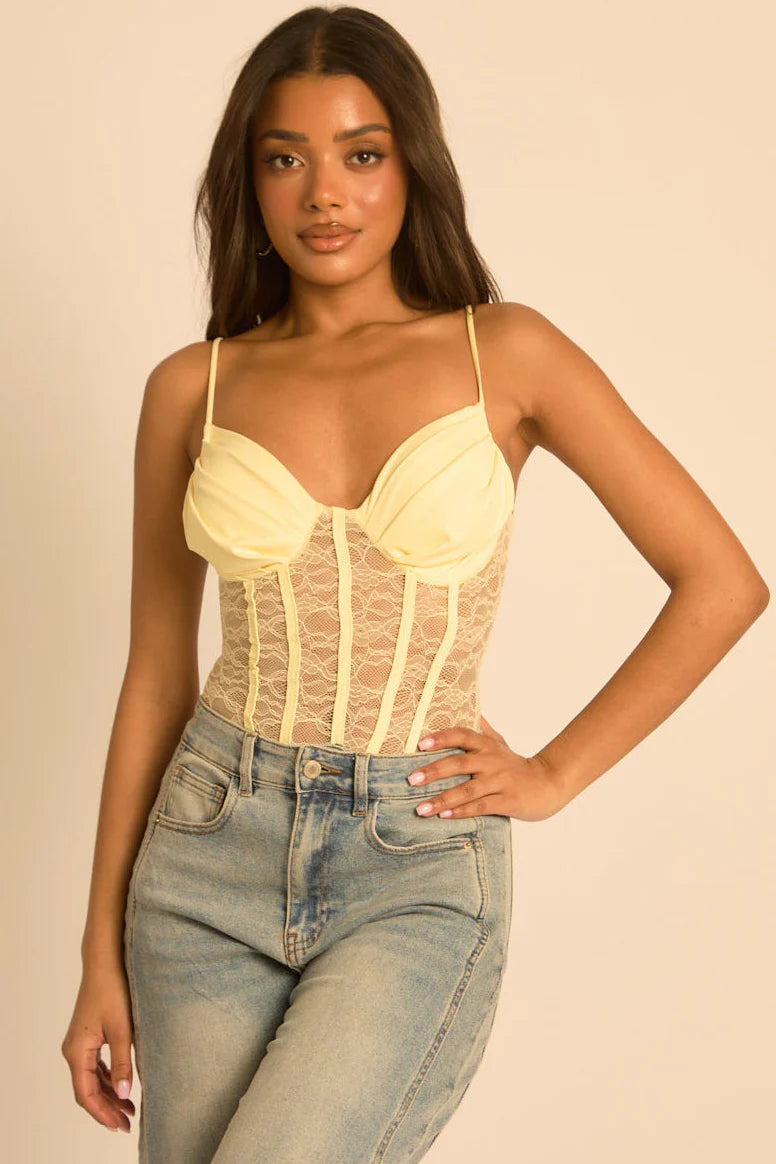 Yellow Lace Corset Detail Bodysuit UK | Trendy Fitted Going Out Top | Free UK Delivery | U163