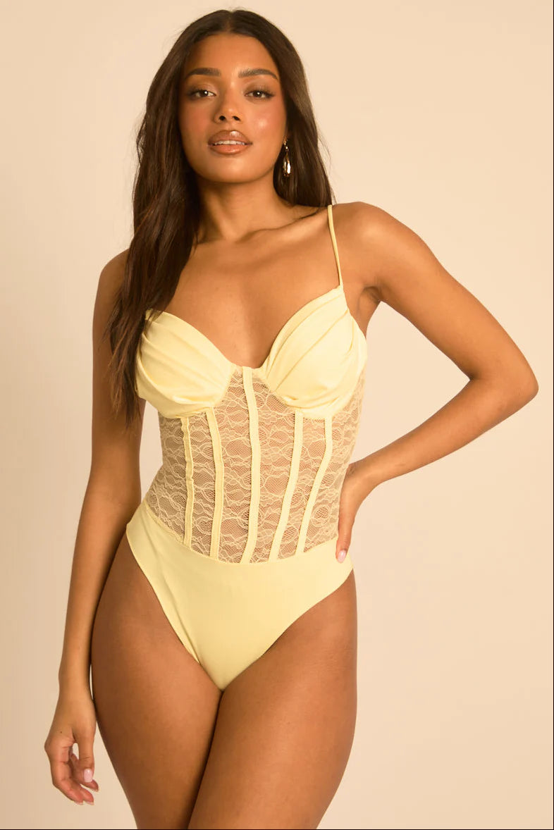 Yellow Lace Corset Detail Bodysuit UK | Trendy Fitted Going Out Top | Free UK Delivery | U163