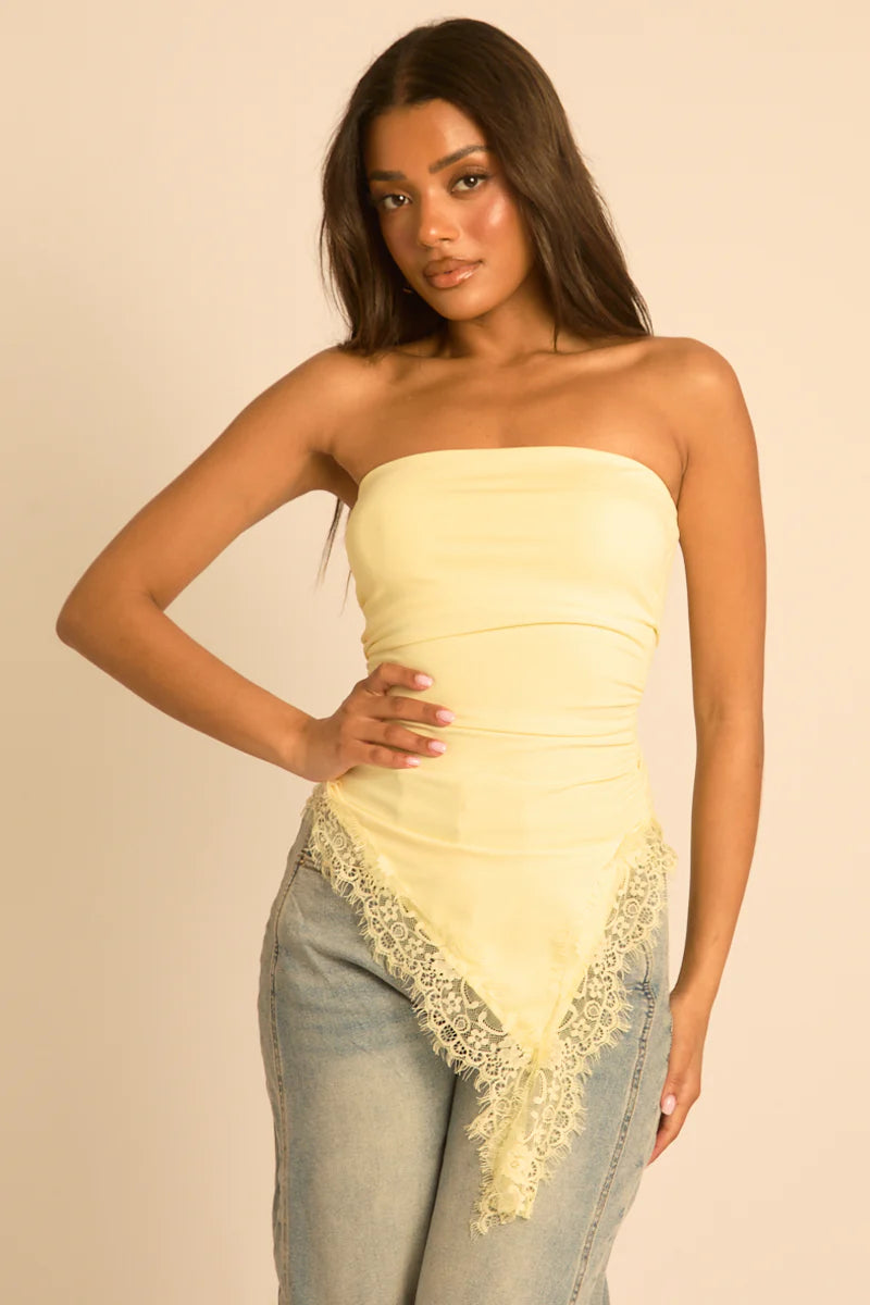 Black & Yellow Asymmetric Lace Trim Bandeau Top UK | Trendy Evening Top | Free UK Delivery | U110