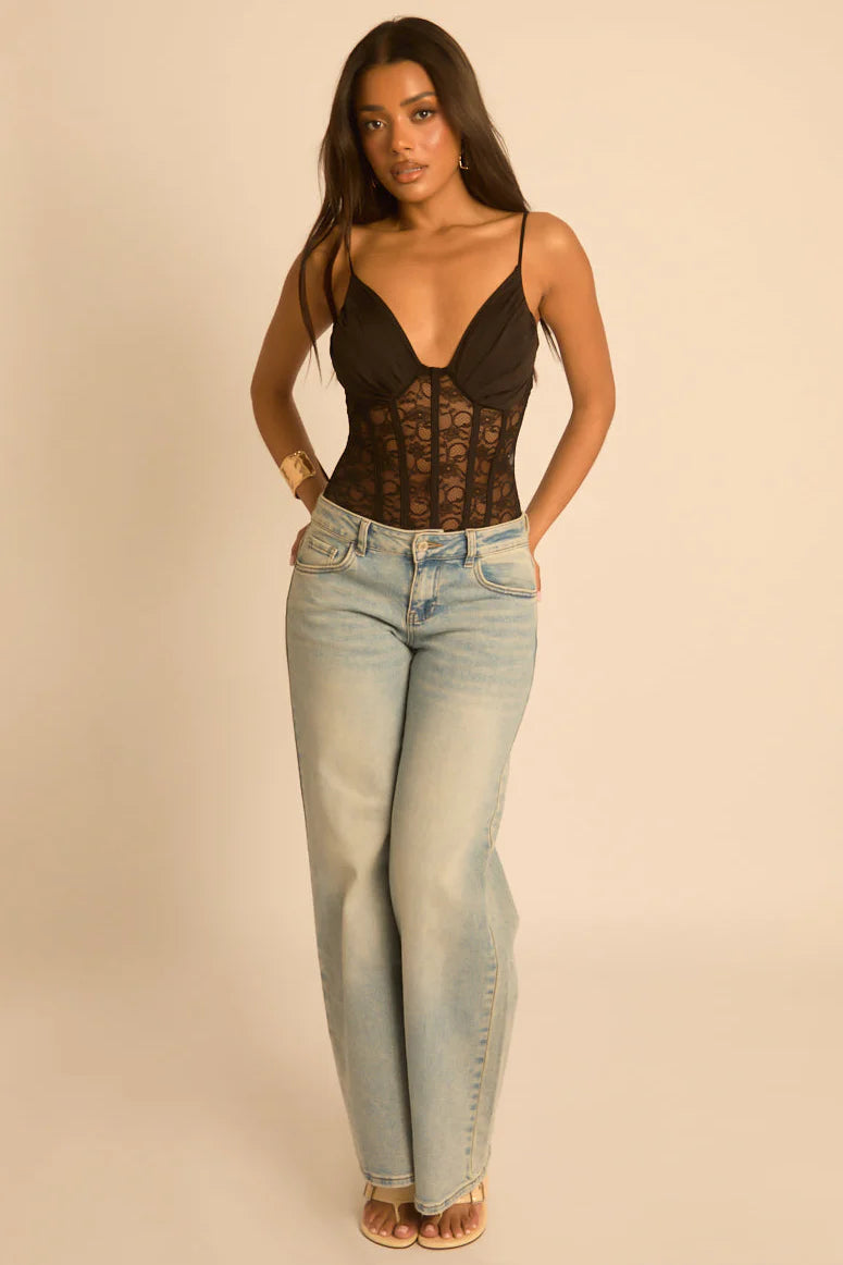 Yellow Lace Corset Detail Bodysuit UK | Trendy Fitted Going Out Top | Free UK Delivery | U163