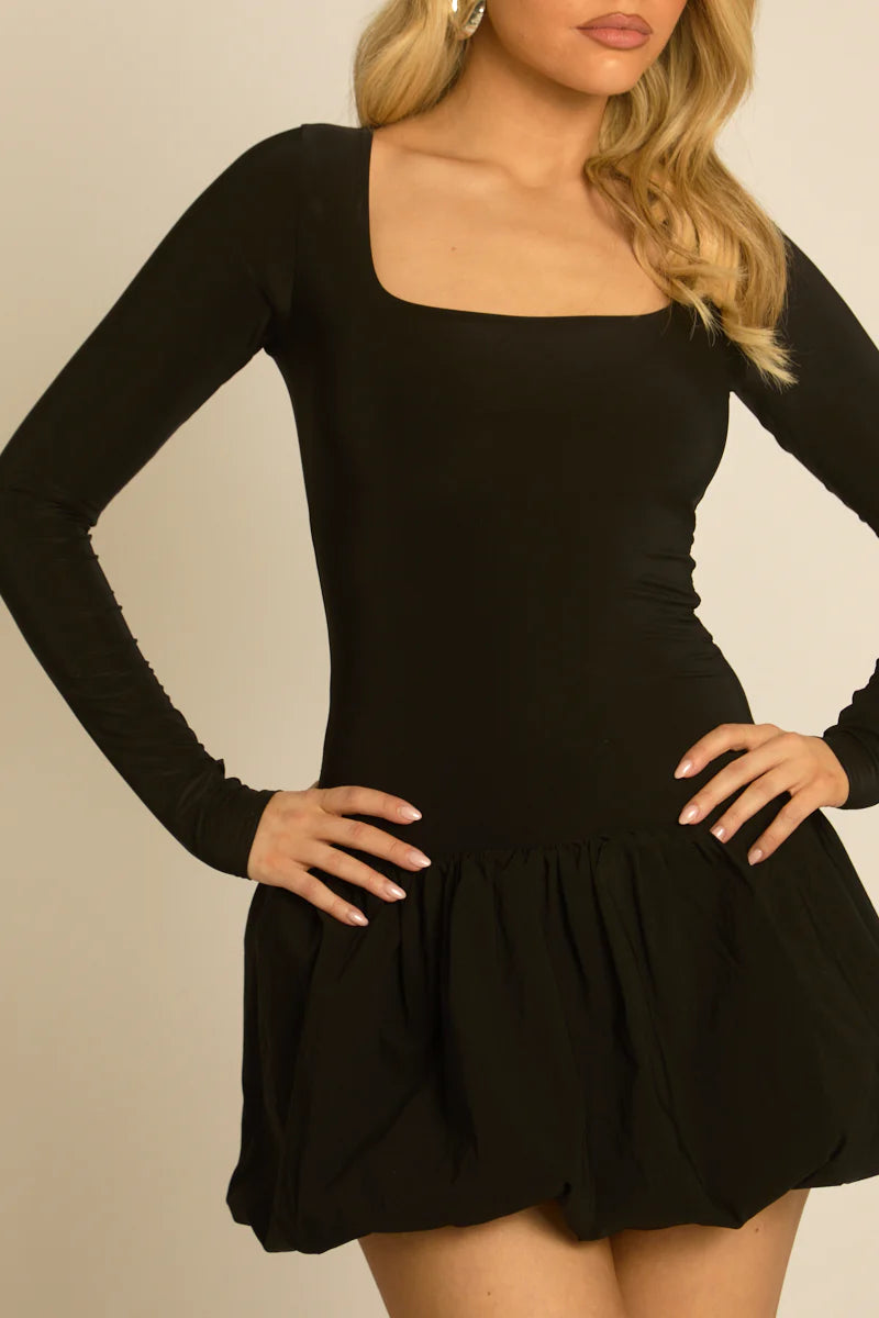 Black Square Neck Long Sleeve Puffball Mini Dress UK | Chic Party Dress | Free UK Delivery | U190
