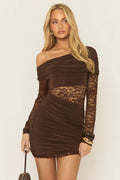 Chocolate Lace Drape Front Mini Dress UK | Elegant Party Dress | Free UK Delivery | U189