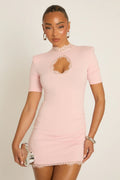 Pink Shoulder Pad Lace Trim Mini Dress UK | Elegant Party Dress | Free UK Delivery | U173