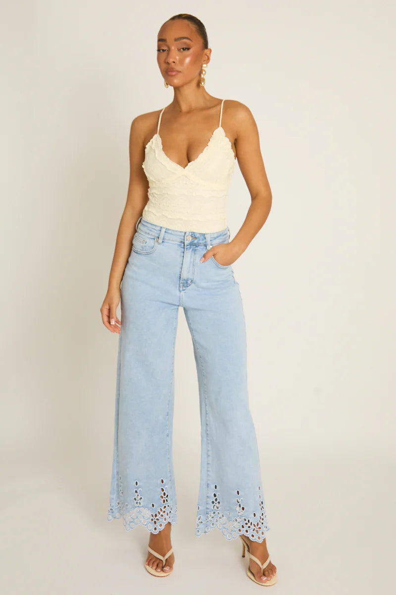 Light Blue Broderie Detail Wide Leg Jeans UK | Trendy Summer Denim | Free UK Delivery | U181