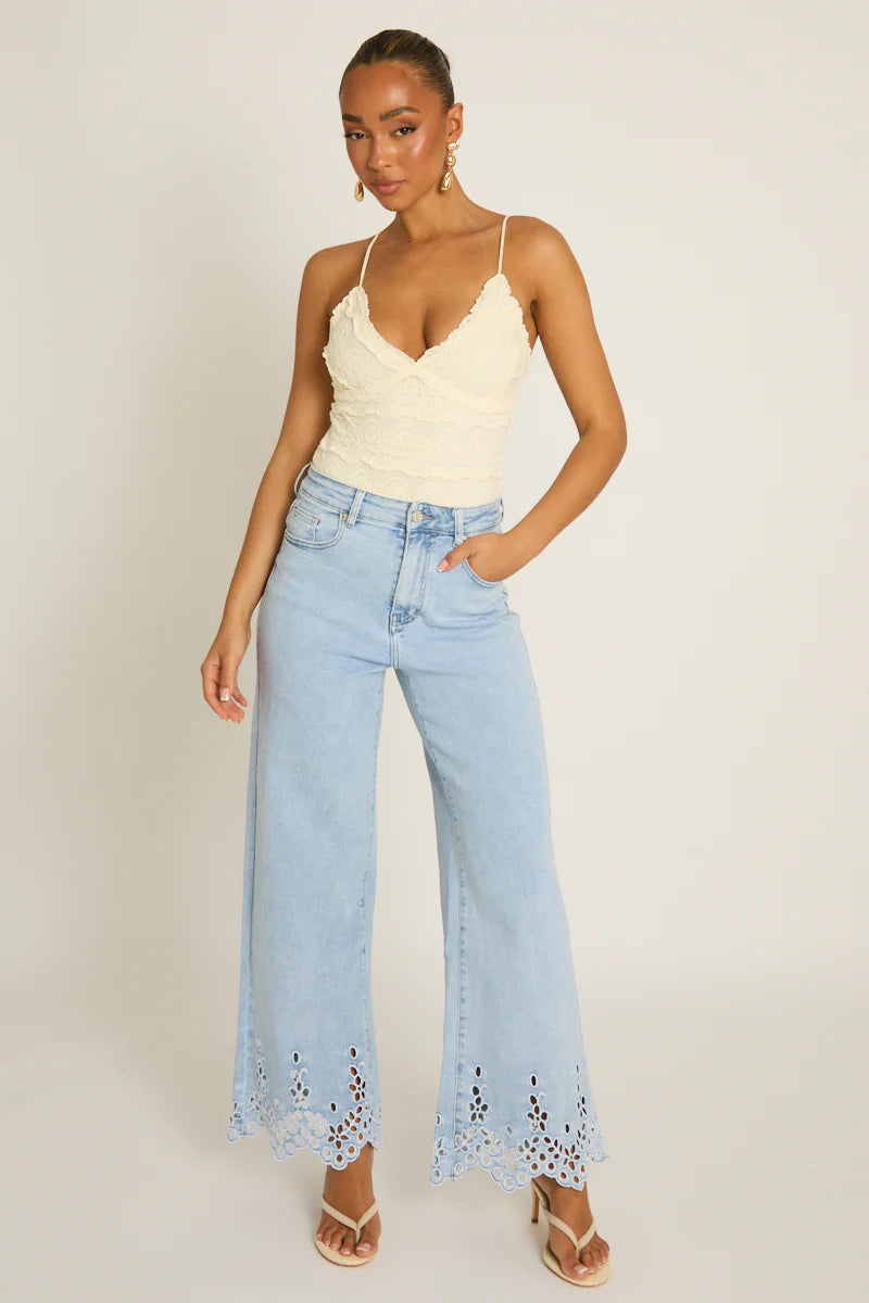 Light Blue Broderie Detail Wide Leg Jeans UK | Trendy Summer Denim | Free UK Delivery | U181