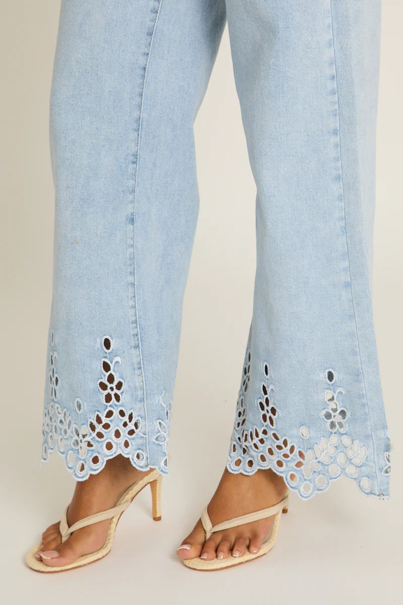 Light Blue Broderie Detail Wide Leg Jeans UK | Trendy Summer Denim | Free UK Delivery | U181