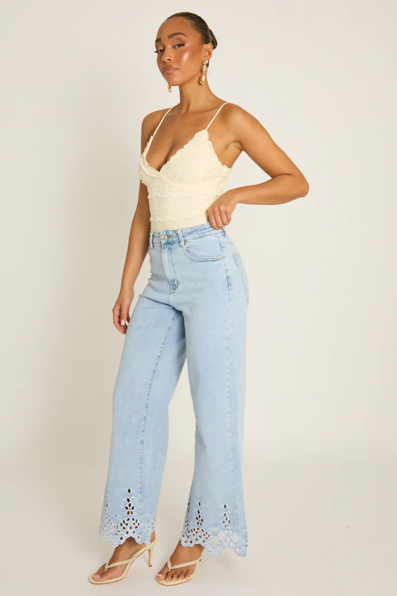 Light Blue Broderie Detail Wide Leg Jeans UK | Trendy Summer Denim | Free UK Delivery | U181