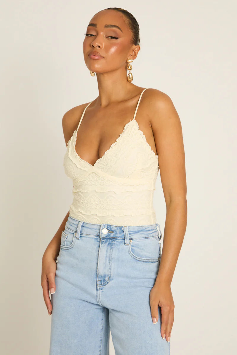Cream Lace Frill Bodysuit UK | Cute Elegant Going Out Top | Free UK Delivery | U184