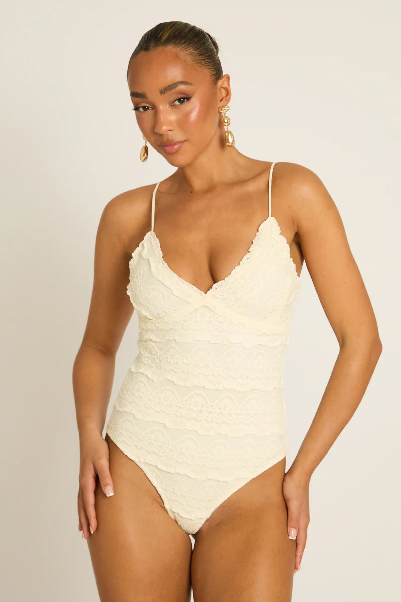 Cream Lace Frill Bodysuit UK | Cute Elegant Going Out Top | Free UK Delivery | U184