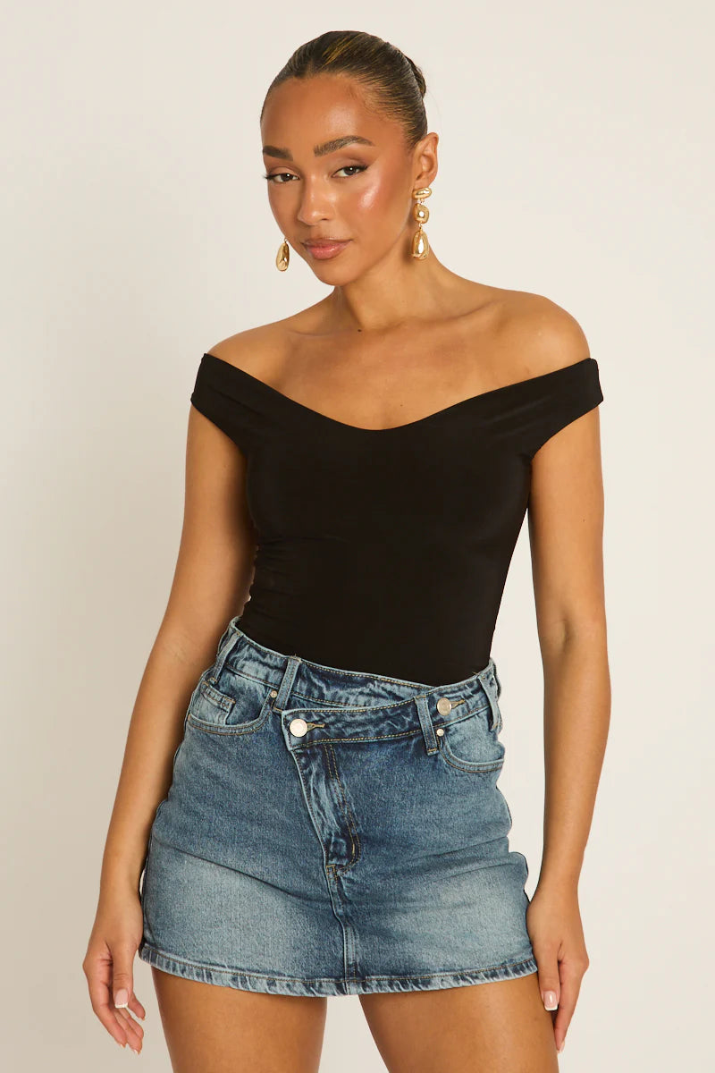 Black Off Shoulder Bodysuit UK | Elegant Fitted Going Out Top | Free UK Delivery | U186