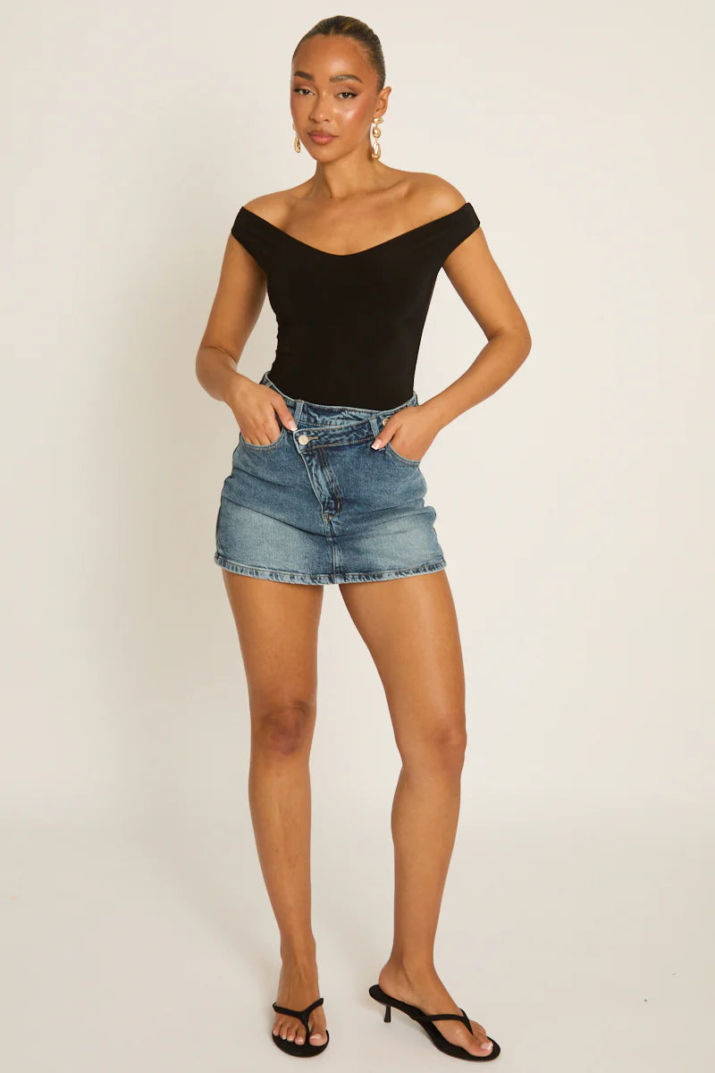 Black Off Shoulder Bodysuit UK | Elegant Fitted Going Out Top | Free UK Delivery | U186