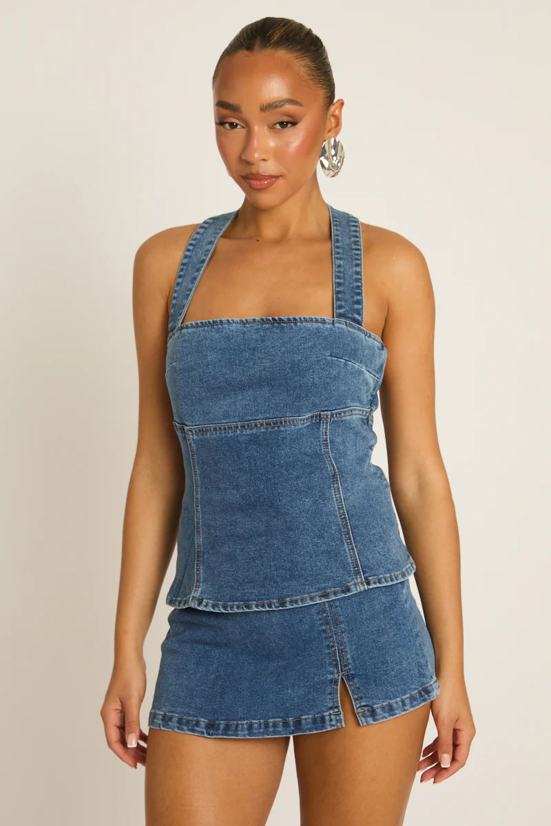 Mid Blue Denim Seam Detail Top UK | Trendy Casual Denim Top | Free UK Delivery | U169
