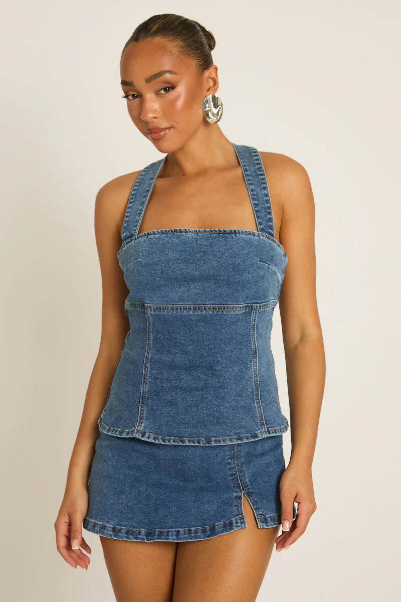 Mid Blue Denim Seam Detail Top UK | Trendy Casual Denim Top | Free UK Delivery | U169
