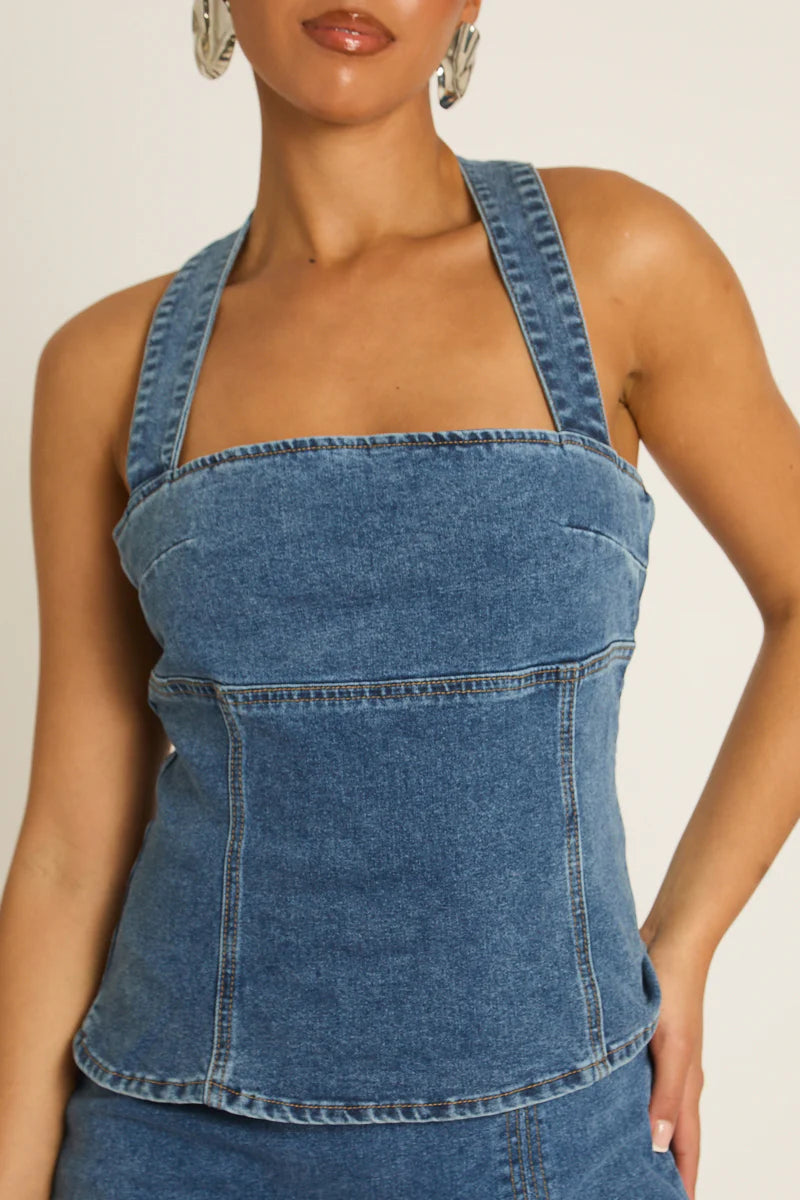 Mid Blue Denim Seam Detail Top UK | Trendy Casual Denim Top | Free UK Delivery | U169