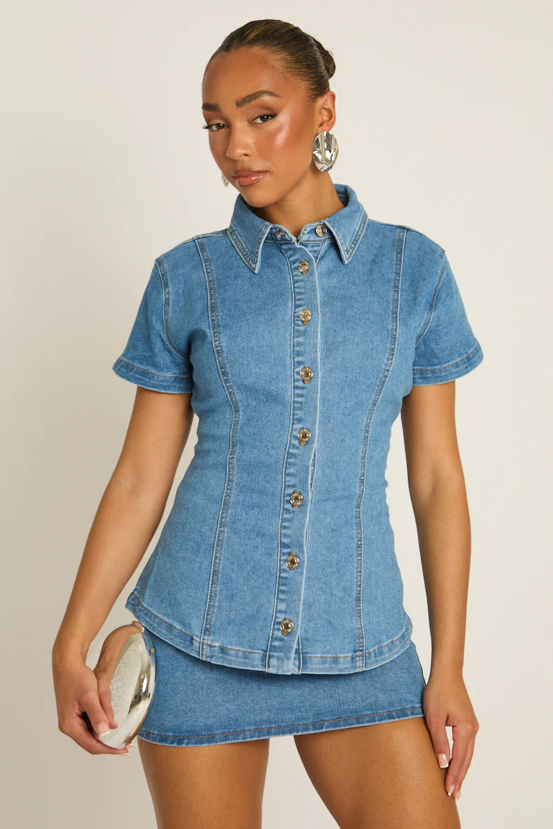 Mid Blue Cinched Waist Denim Shirt UK | Fitted Casual Denim Top | Free UK Delivery | U170