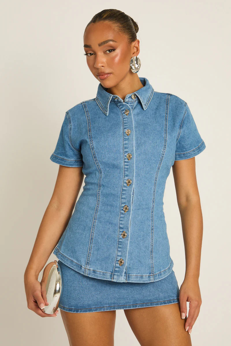 Mid Blue Cinched Waist Denim Shirt UK | Fitted Casual Denim Top | Free UK Delivery | U170