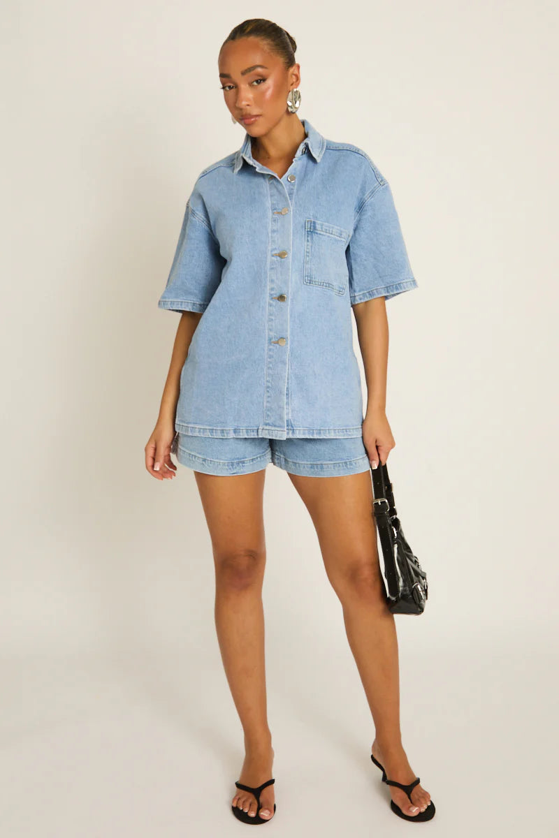 Washed Blue Denim Oversized Shirt UK | Casual Streetwear Denim Top | Free UK Delivery | U179