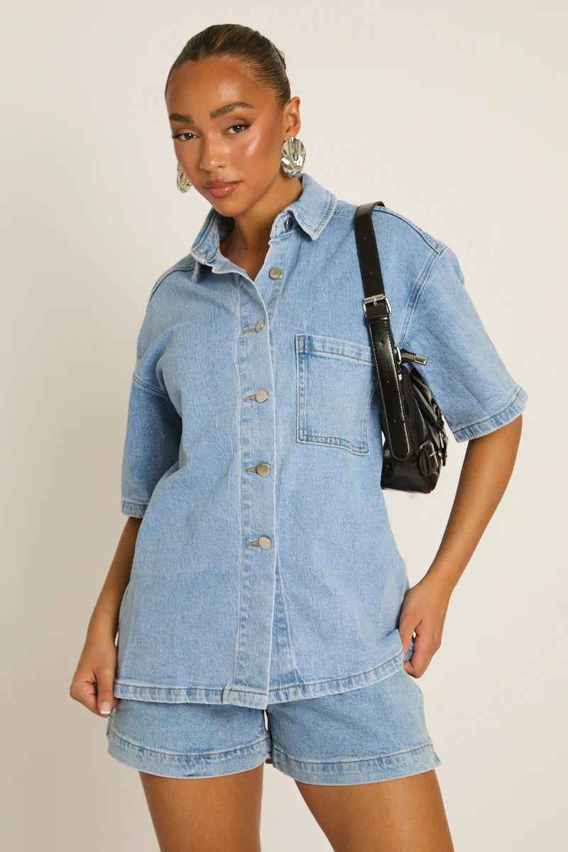Washed Blue Denim Oversized Shirt UK | Casual Streetwear Denim Top | Free UK Delivery | U179