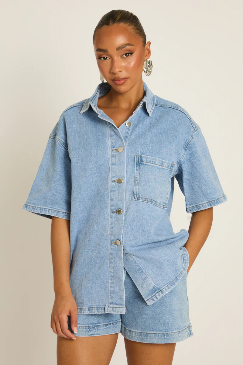 Washed Blue Denim Oversized Shirt UK | Casual Streetwear Denim Top | Free UK Delivery | U179