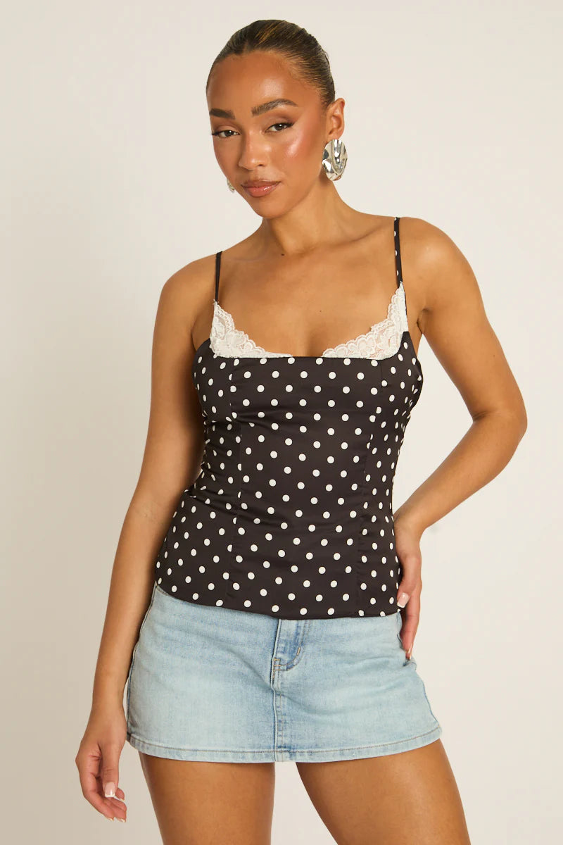 White Satin Polka Dot Lace Trim Cami Top UK | Elegant Summer Top | Free UK Delivery