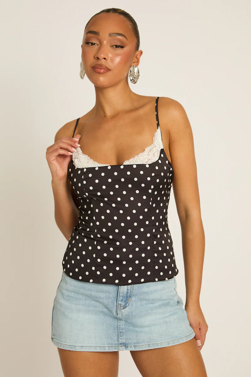 White Satin Polka Dot Lace Trim Cami Top UK | Elegant Summer Top | Free UK Delivery