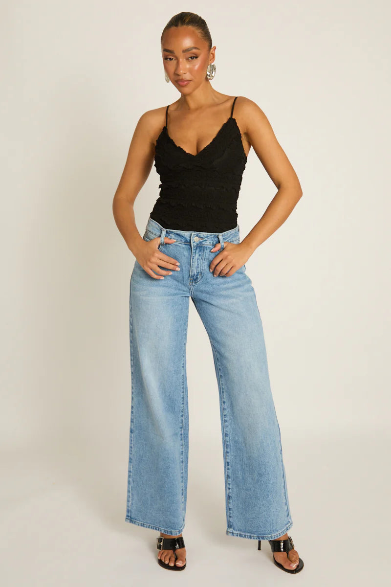 Mid Blue Wide Leg Jeans UK | Trendy Casual Denim Trousers | Free UK Delivery | U187