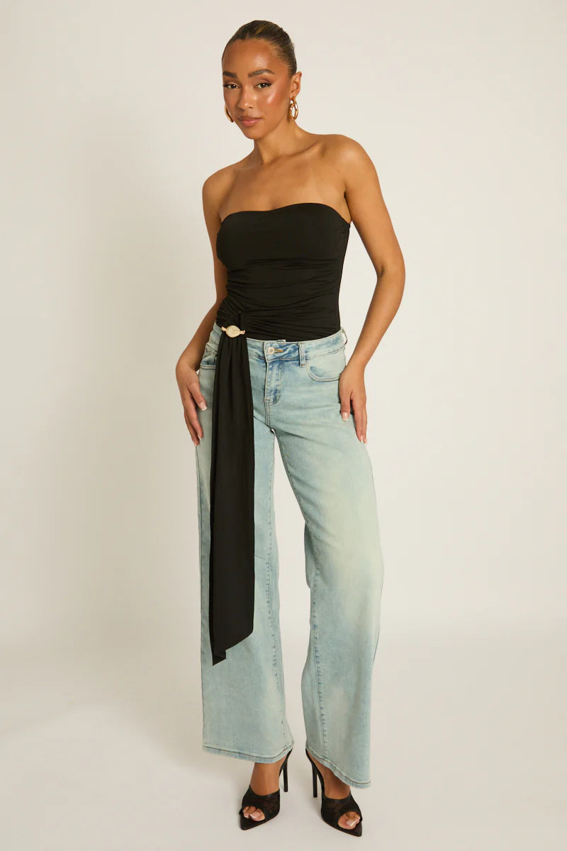 Black Bandeau Trim Detail Bodysuit UK | Sleek Fitted Going Out Top | Free UK Delivery | U185