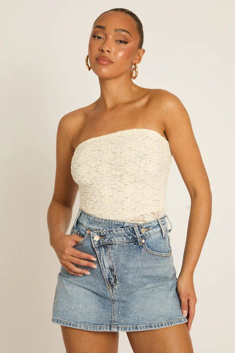 Cream Lace Bodysuit UK | Elegant Fitted Going Out Top | Free UK Delivery | U182