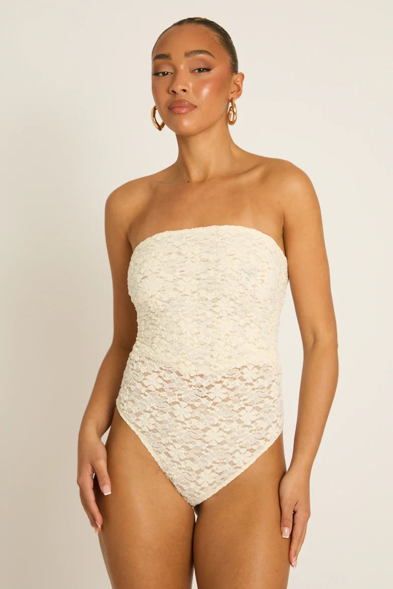 Cream Lace Bodysuit UK | Elegant Fitted Going Out Top | Free UK Delivery | U182