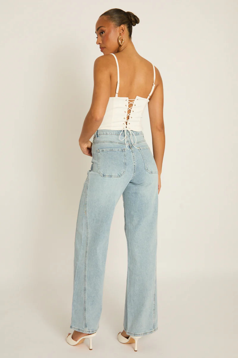Blue Seam Detail Wide Leg Jeans UK | Trendy Casual Denim | Free UK Delivery | U183