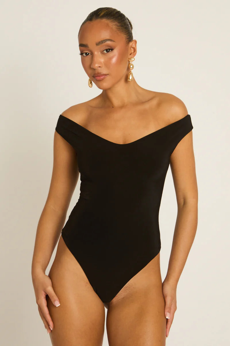 Black Off Shoulder Bodysuit UK | Elegant Fitted Going Out Top | Free UK Delivery | U186