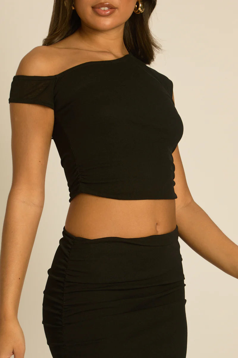 Black One Shoulder Semi Sheer Maxi Skirt Co-ord Set UK | Elegant Party Outfit | Free UK Delivery | U115