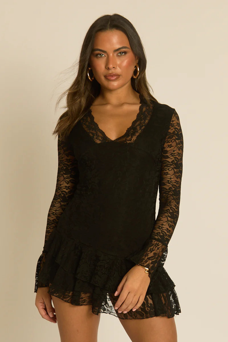 Black Lace Long Sleeve Frill Mini Dress UK | Elegant Party Dress | Free UK Delivery | U199