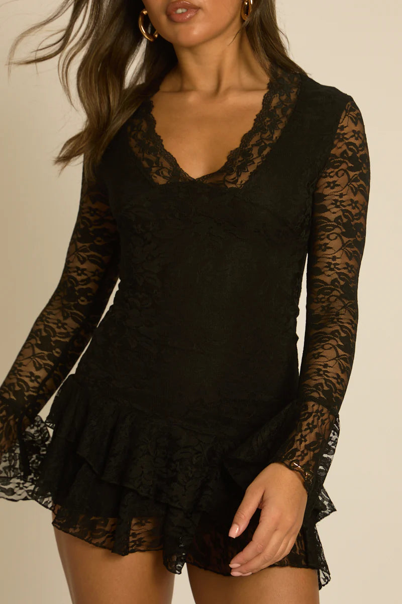 Black Lace Long Sleeve Frill Mini Dress UK | Elegant Party Dress | Free UK Delivery | U199