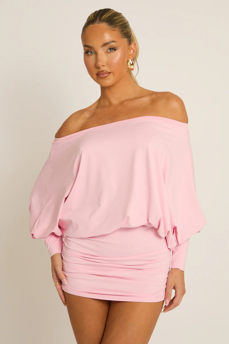 Wine Batwing Bardot Mini Dress UK | Off Shoulder Party Dress | Free UK Delivery | U171