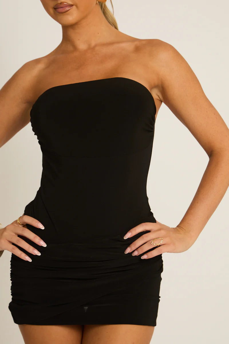 Black Bodysuit Bandeau Mini Dress UK | Sexy Fitted Party Dress | Free UK Delivery | U177