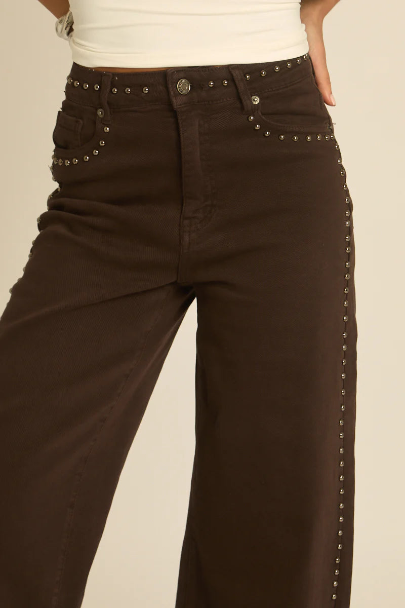 Chocolate Brown Studded Wide Leg Denim Jeans UK | Trendy Cargo Style Jeans | Free UK Delivery | U143