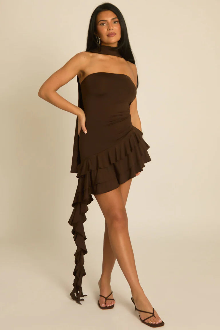 Chocolate Extreme Ruffle Bandeau Mini Dress UK | Trendy Party Dress | Free UK Delivery | U154