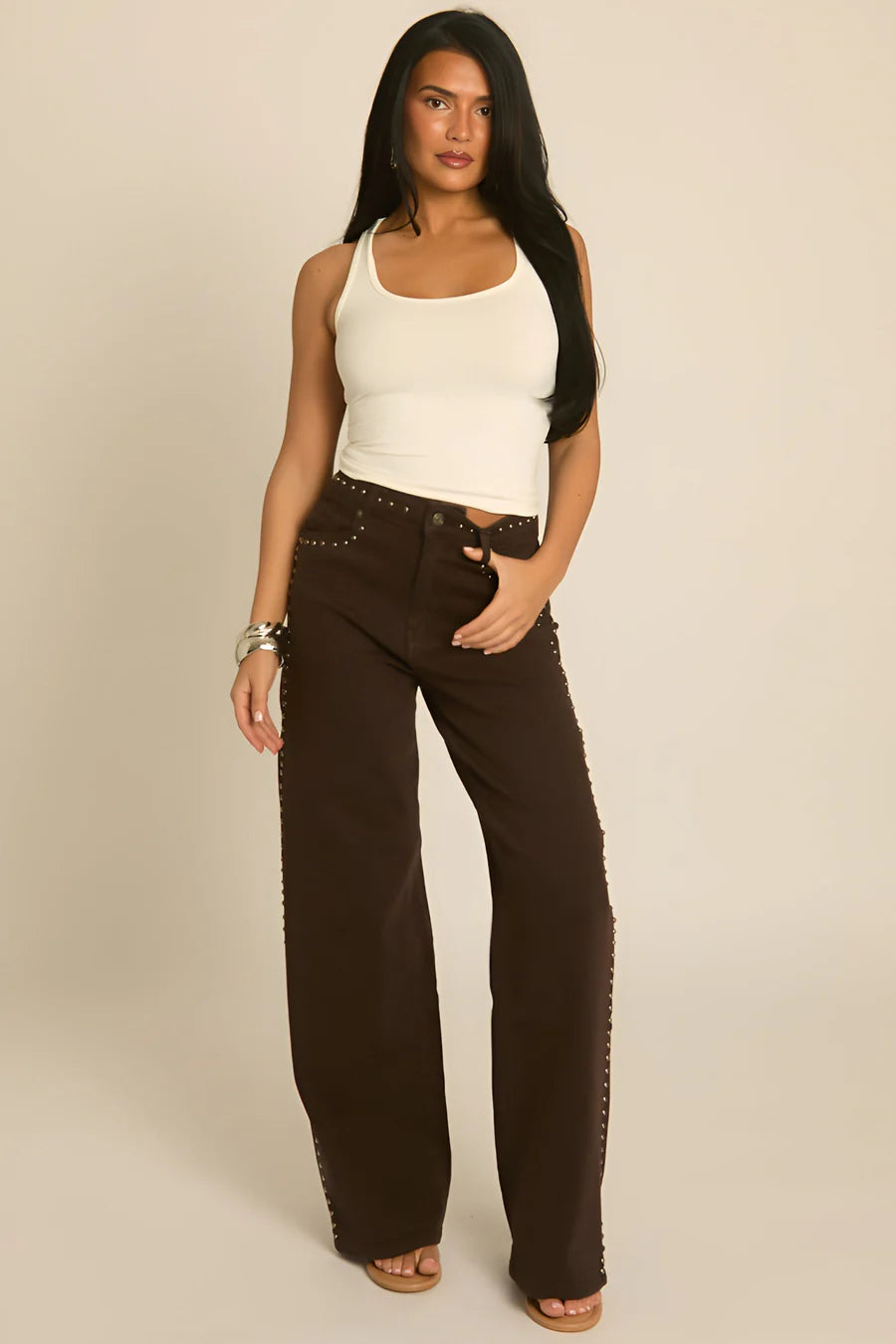 Chocolate Brown Studded Wide Leg Denim Jeans UK | Trendy Cargo Style Jeans | Free UK Delivery | U143