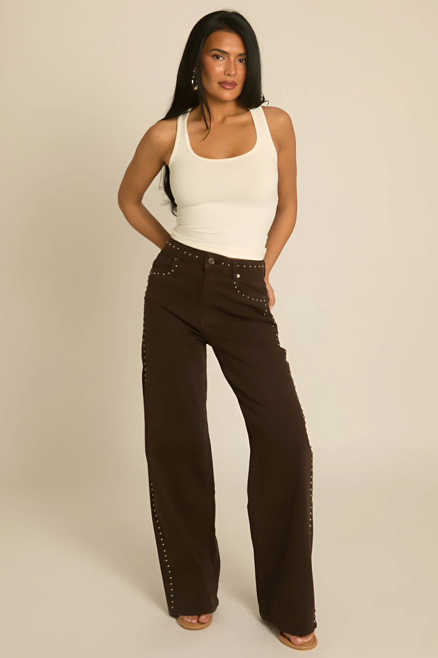 Chocolate Brown Studded Wide Leg Denim Jeans UK | Trendy Cargo Style Jeans | Free UK Delivery | U143