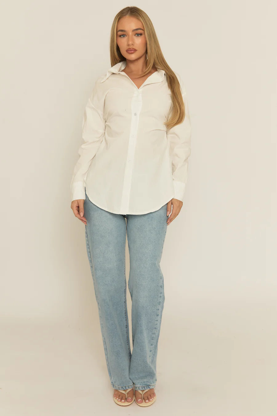 White Cinched Waist Long Sleeve Shirt UK | Elegant Fitted Blouse | Free UK Delivery | U164
