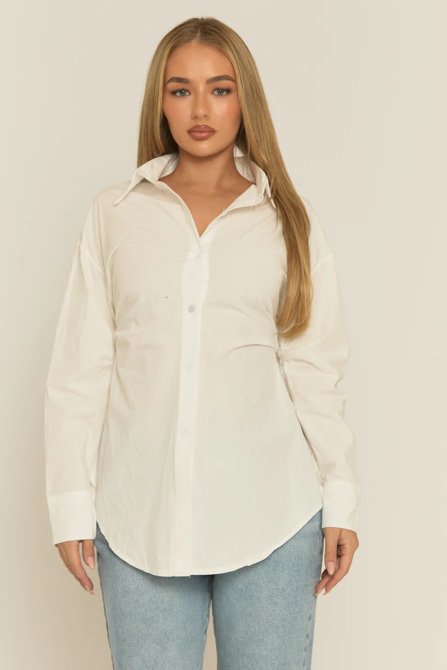 White Cinched Waist Long Sleeve Shirt UK | Elegant Fitted Blouse | Free UK Delivery | U164